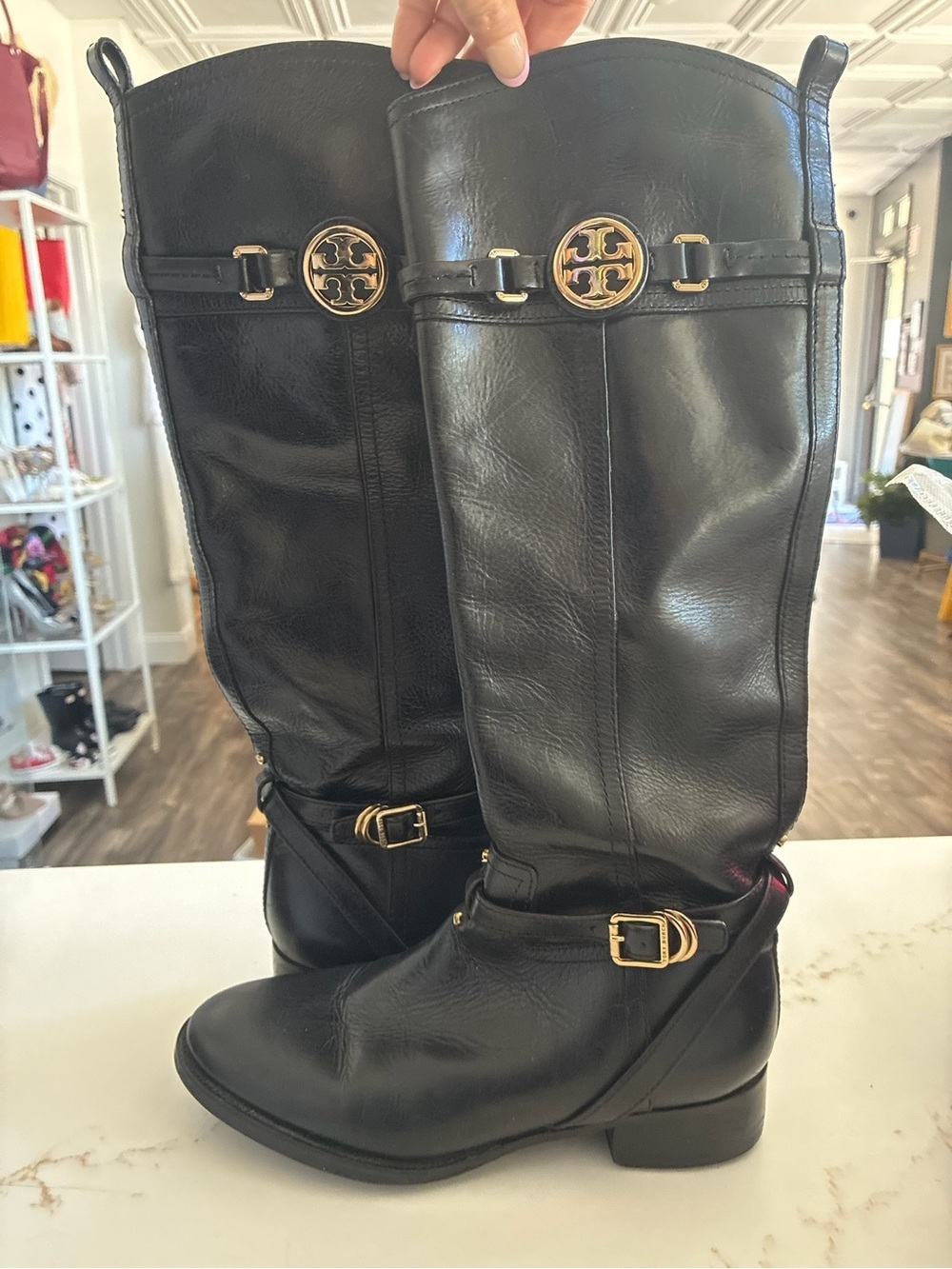 Tory Burch Black Leather Knee-High riding Boots with Gold Logo Accents